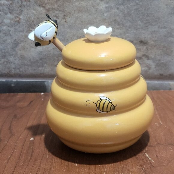 Honey Miel Beehive Honey Pot Daisy Lid Handle Bee Dipper - Picture 3 of 11
